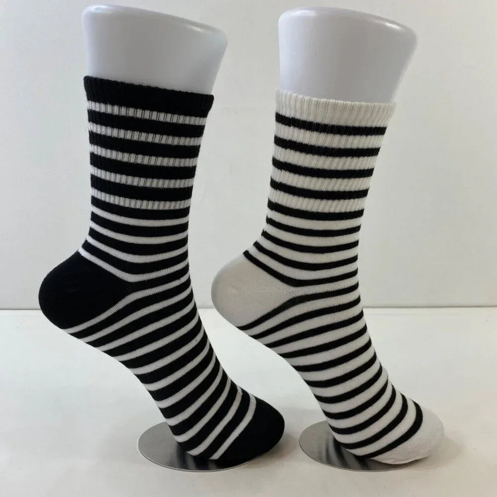 Womens Crew Socks Set 2 Striped Black White